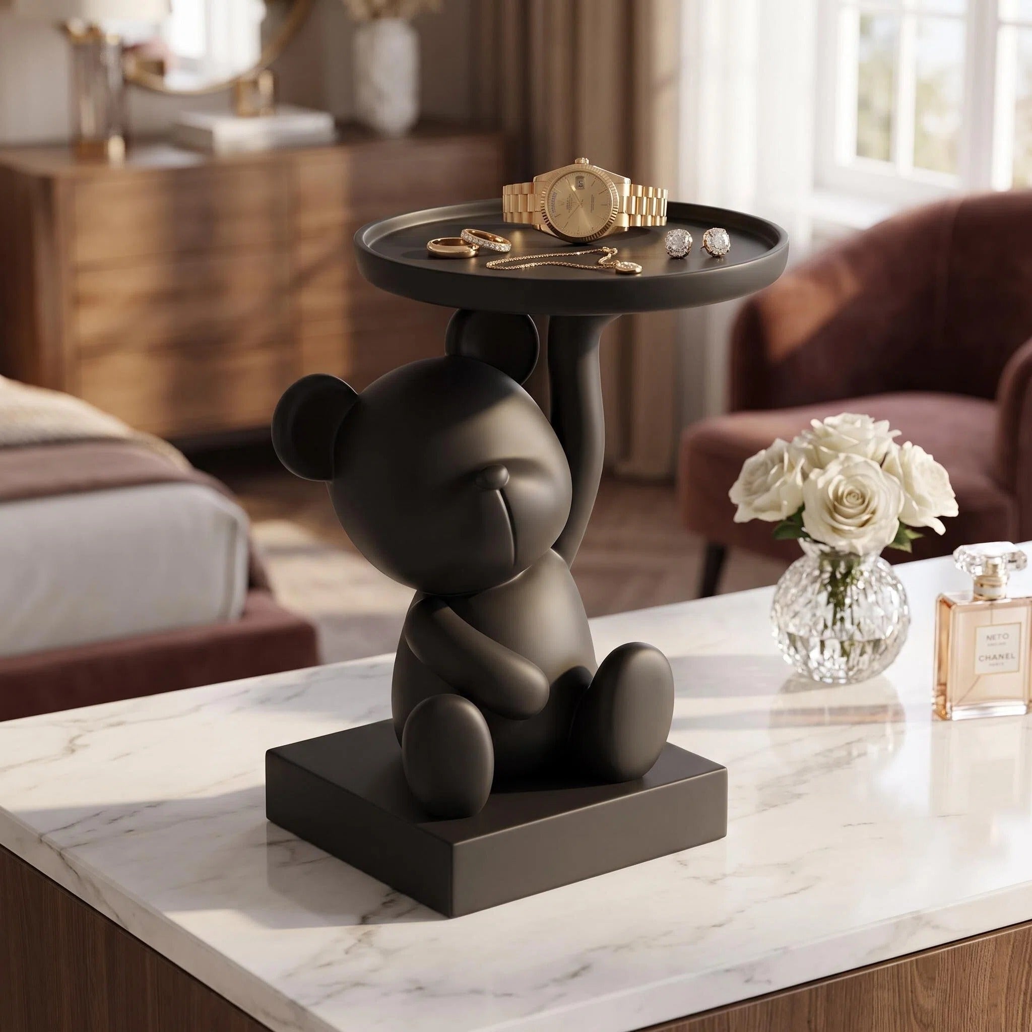 Black Teddy Bear Accent Side Table with Round Tray – Decorative Living Room Organizer