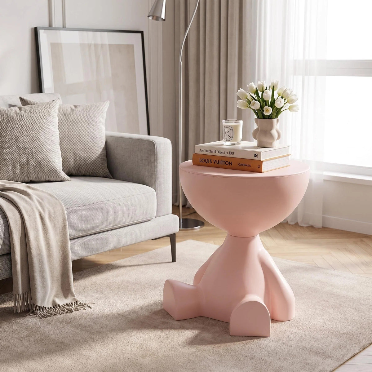 Pink Sculptural Figure Side Table with Round Tray Top – Decorative Accent Table
