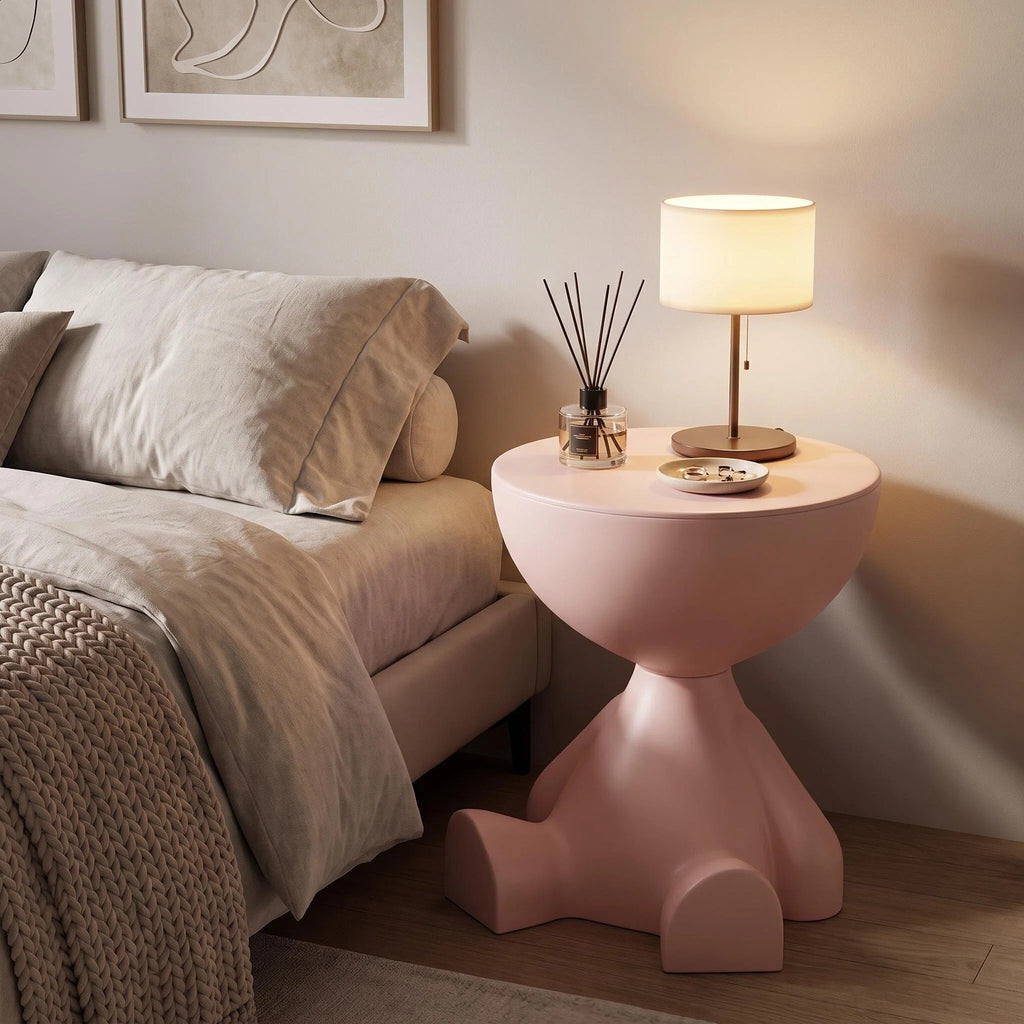 Pink Sculptural Figure Side Table with Round Tray Top – Decorative Accent Table