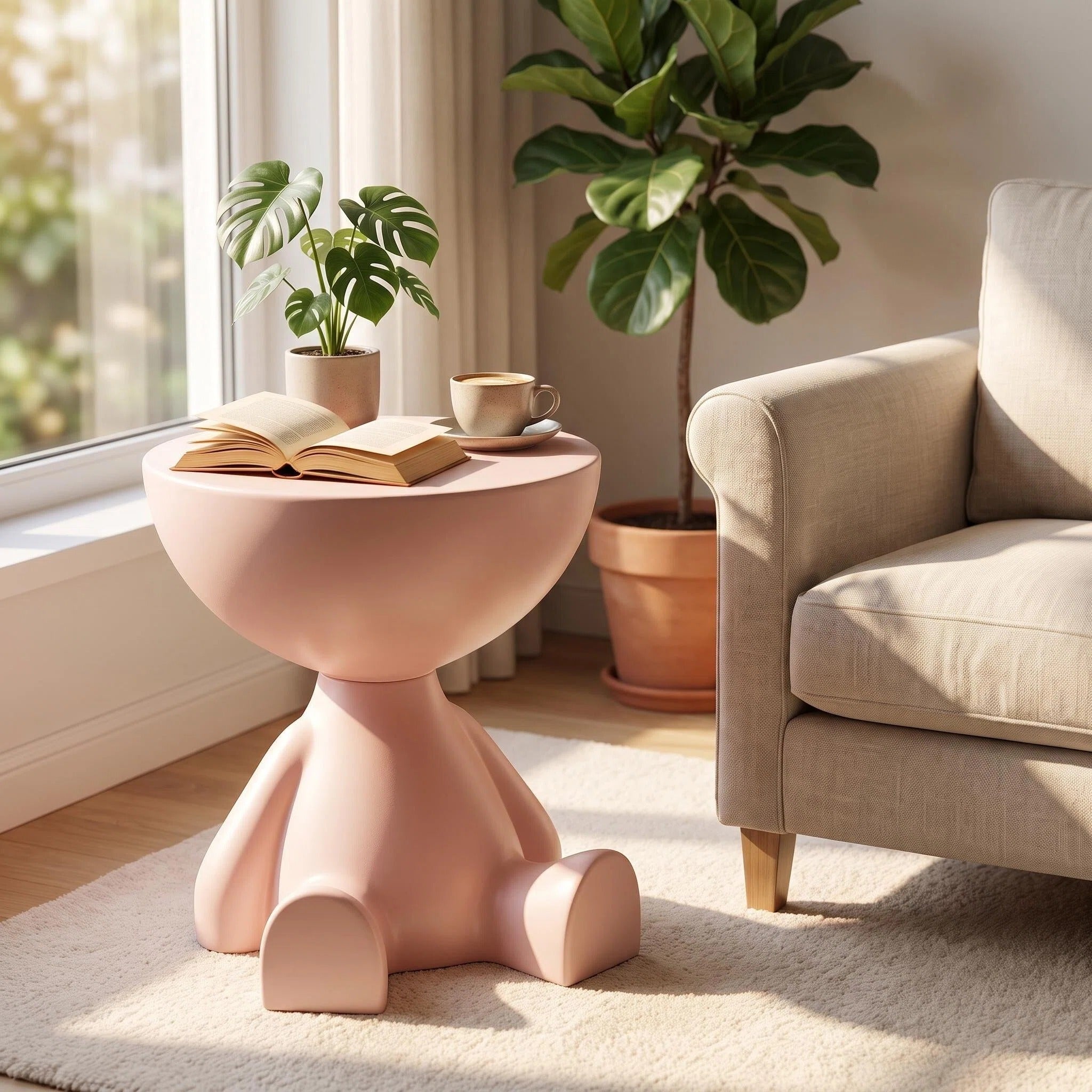 Pink Sculptural Figure Side Table with Round Tray Top – Decorative Accent Table