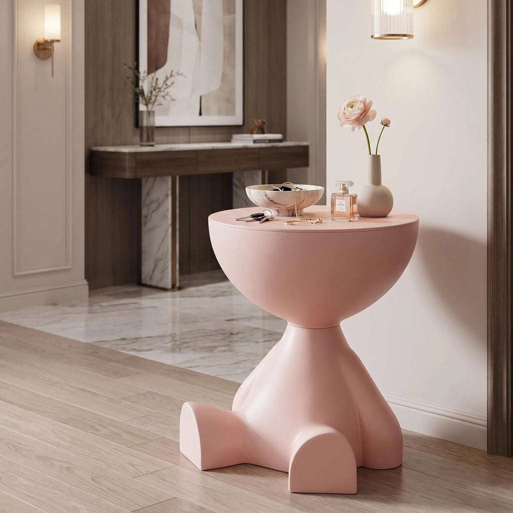 Pink Sculptural Figure Side Table with Round Tray Top – Decorative Accent Table
